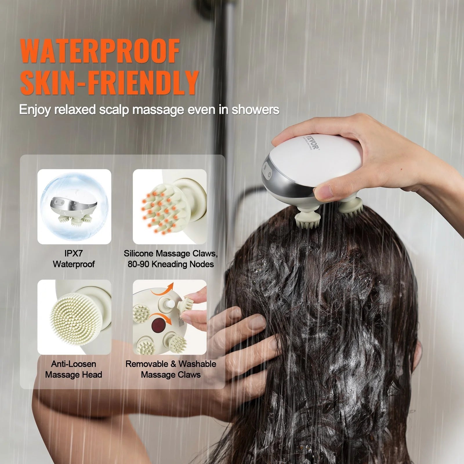 Rechargeable VEVOR Electric Scalp Massager with Heat - Waterproof Head Relaxation Tool
